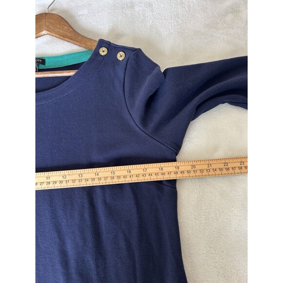Talbots Dress Petite Large Navy Pleated Cuff Ruffle Gold Buttons Career Preppy - Picture 11 of 13